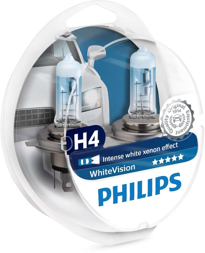 12342whvsm, H4 White Vision Philips, som giver Xenon agtigt lys & + 60% mere lys end std. pærer