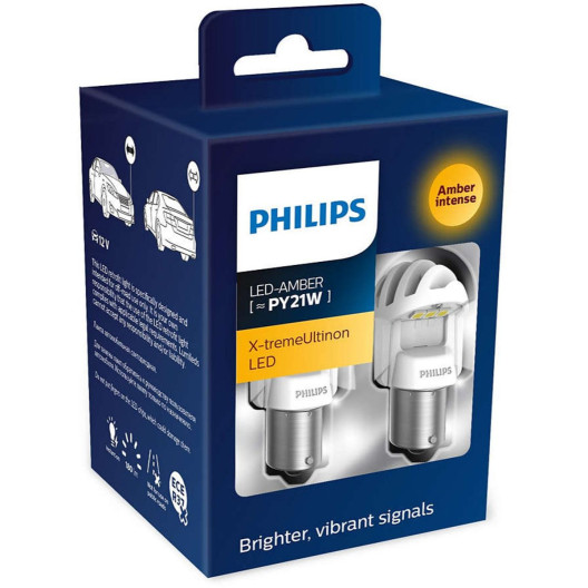 PY21W LED, X-TremeUltinon LED i stærk gul farve. Blinklygtepærer sæt fra Philips (2 stk) - incl. 2x canbus moduler PY21W LED, X-TremeUltinon LED i stærk gul farve. Blinklygtepærer sæt fra Philips (2 stk) - incl. 2x canbus moduler