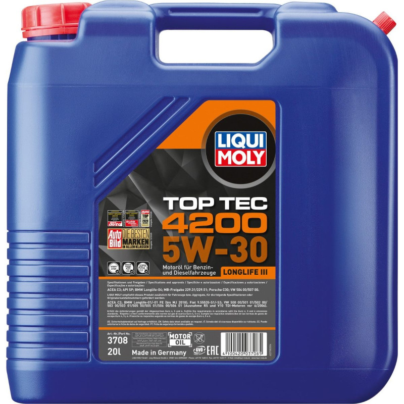 20 liters Top Tec 4200 motorolie fra Tyske Liqui Moly