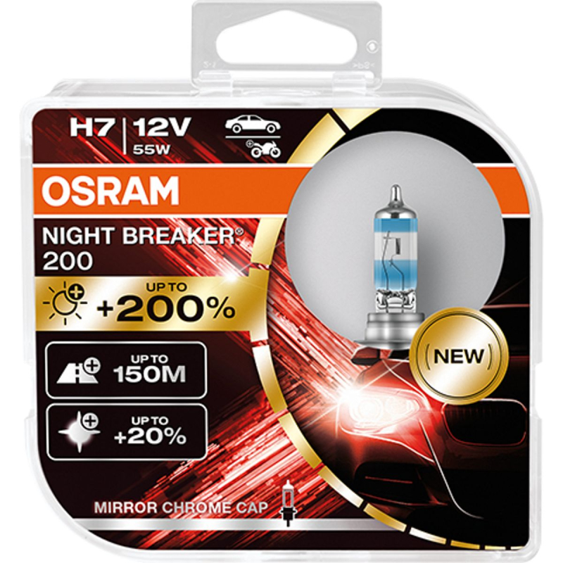 Osram Night Breaker 200, H7 pærer +200% mere lys (2 stk) pakke