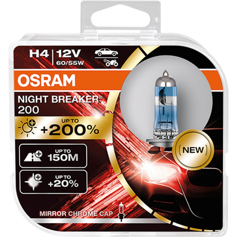 Osram Night Breaker 200, H4 pærer +200% mere lys (2 stk) pakke