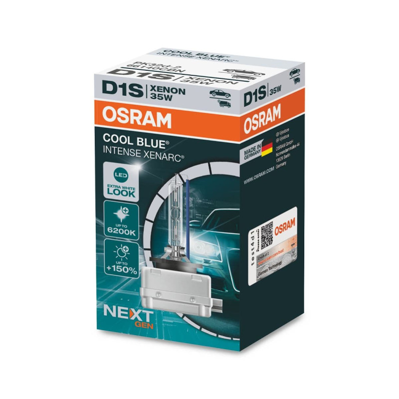 D1S Osram Cool Blue Intense Xenarc ,Next Gen i 1 stk. pakke. Op til 150% mere lys & 6200 Kelvin mere end std. D1S Xenon pære