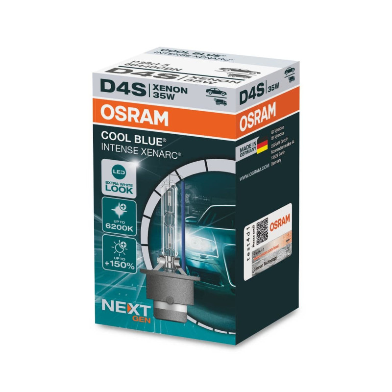 D4S Osram Cool Blue Intense Xenarc ,Next Gen i 1 stk. pakke. Op til 150% mere lys & 6200 Kelvin mere end std. D4S Xenon pære