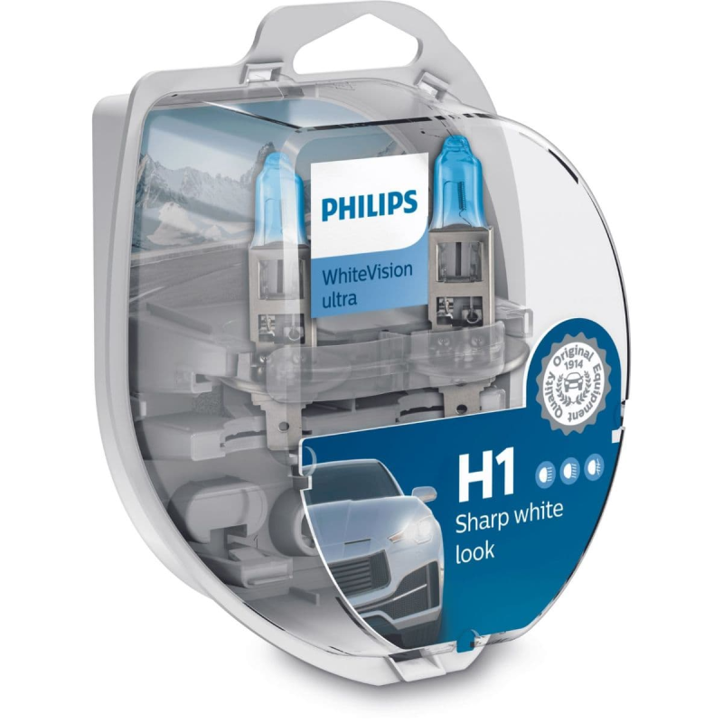 Philips H1 WhiteVision Ultra pærer med Xenon effekt & +60% mere lys 2 stk + (2 stk. W5W) thumbnail