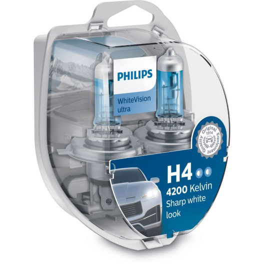 Philips WhiteVision Ultra pærer kit fra Philips giver +60 mere lys og indeholder 2stk. h4 + 2x w5w pærer Philips WhiteVision Ultra pærer kit fra Philips giver +60 mere lys og indeholder 2stk. h4 + 2x w5w pærer
