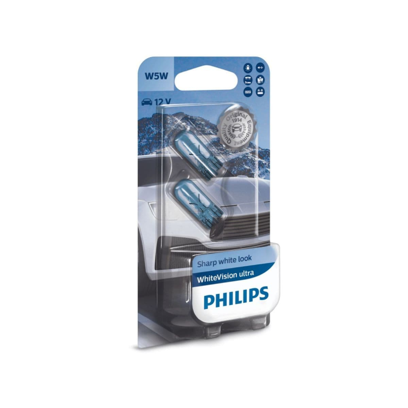 Philips W5W WhiteVision Ultra pærer med Xenon effekt & +60% mere lys 2 stk thumbnail