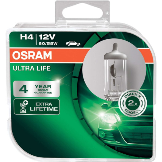 H4 Osram Ultra life halogen pærer i 2 stk. pakning H4 Osram Ultra life halogen pærer i 2 stk. pakning
