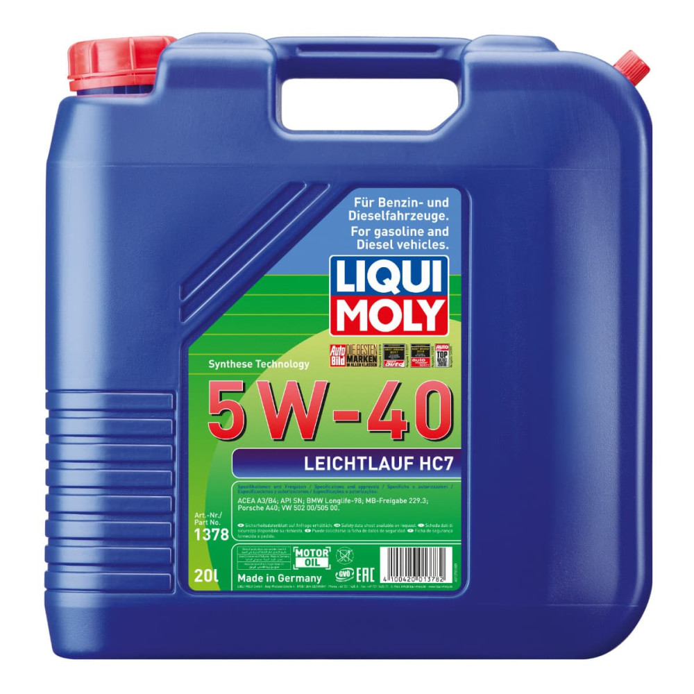 HC7 5W40 Motorolie i 20 liters dunk fra Tyske Liqui Moly. 