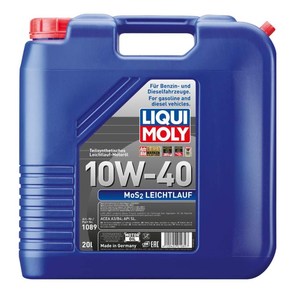MOS2 Motorolie 10W40 i 20 liter fra tyske Liqui Moly, nedsætter friktionen.