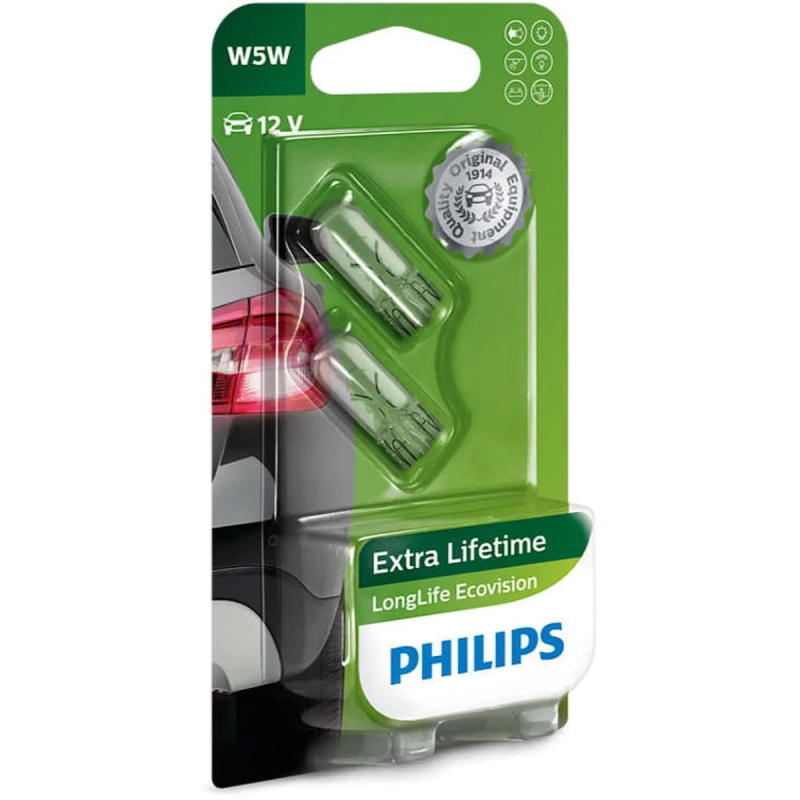 Philips W5W LongLife EcoVision pærer med op til 3x længere levetid (2 stk)