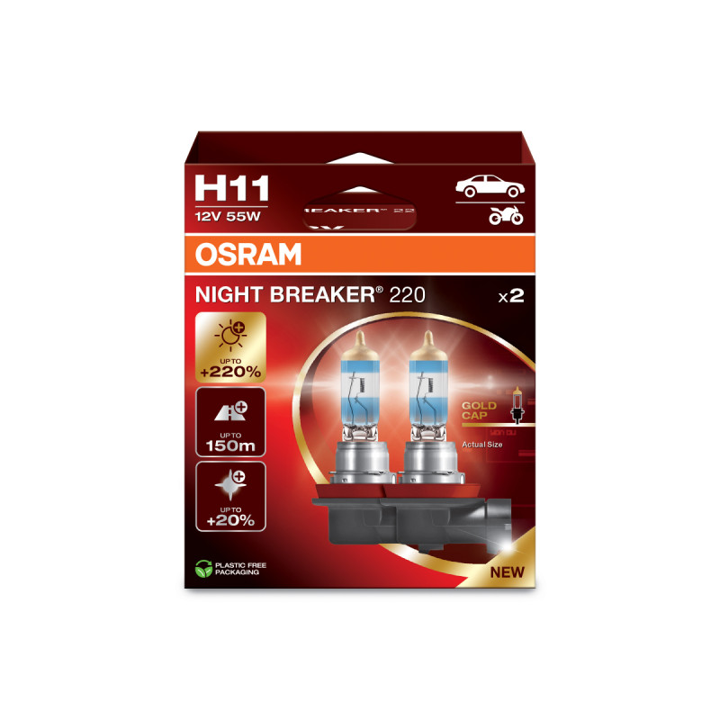 H11 Osram Night Breaker 220 +220% mere lys - 2 stk. æske indeholder 2 pærer