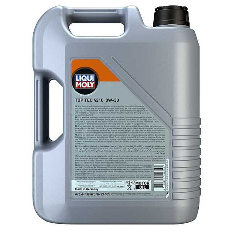 Bagsiden af Top Tec 4210 motorolie i 5 liters dunk fra Tyske Liqui Moly