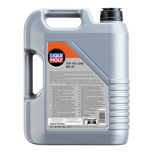 Top Tec 6300 0w-20 motorolie i 5 liters dunk (bagsiden af dunken)