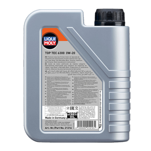 Top Tec 6300 0w-20 motorolie i 1 liters dunk (bagsiden af dunken)
