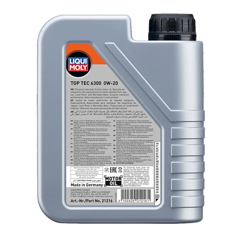 Top Tec 6300 0w-20 motorolie i 1 liters dunk (bagsiden af dunken)