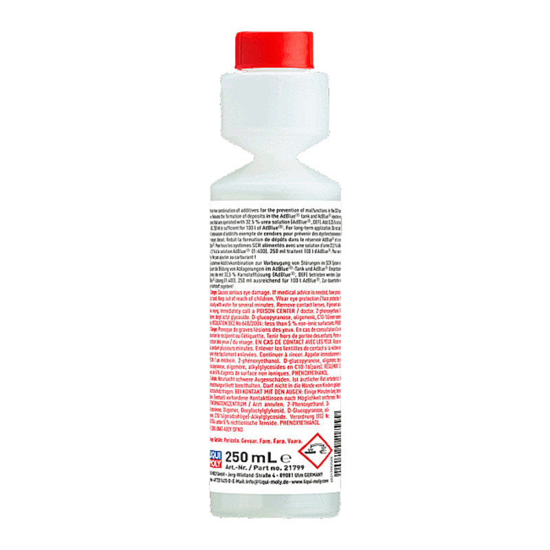 Bagsiden af flasken med:DEF Anti Crystal Additive Concentrate for Adblue, med nem dosering, fra Liqui Moly