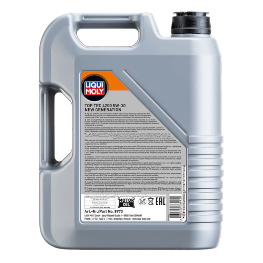 Bagside af oliedunken med top tec 4200 motorolie i 5 liters version fra Tyske Liqui Moly