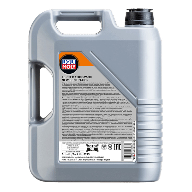 Bagside af oliedunken med top tec 4200 motorolie i 5 liters version fra Tyske Liqui Moly