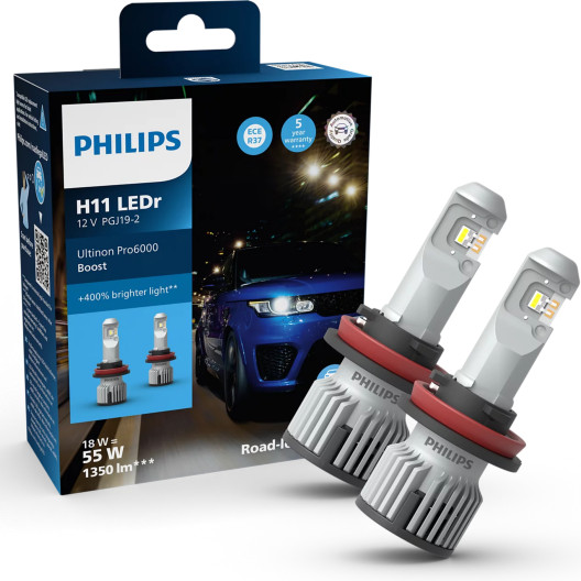 Philips H11 LED, Ultinon Pro6000 HL Boost +400% mere lys (2 stk.) 12V og ECE R37 Godkendt!