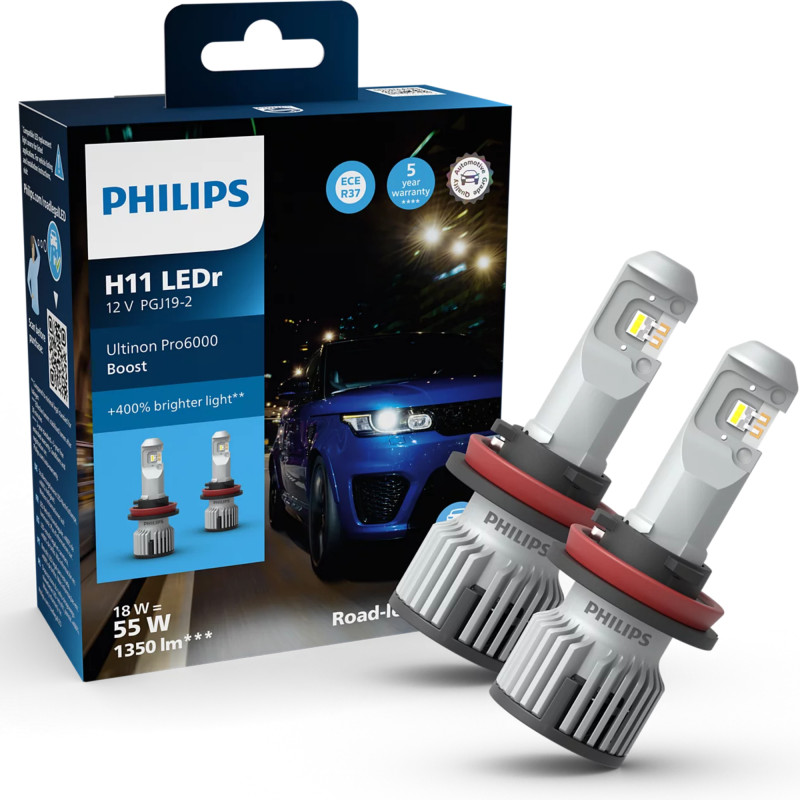Philips H11 LED, Ultinon Pro6000 HL Boost +400% mere lys (2 stk.) 12V og ECE R37 Godkendt!