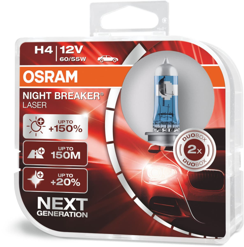 Osram Night Breaker Laser H4 pærer +150% mere lys (2 stk) pakke