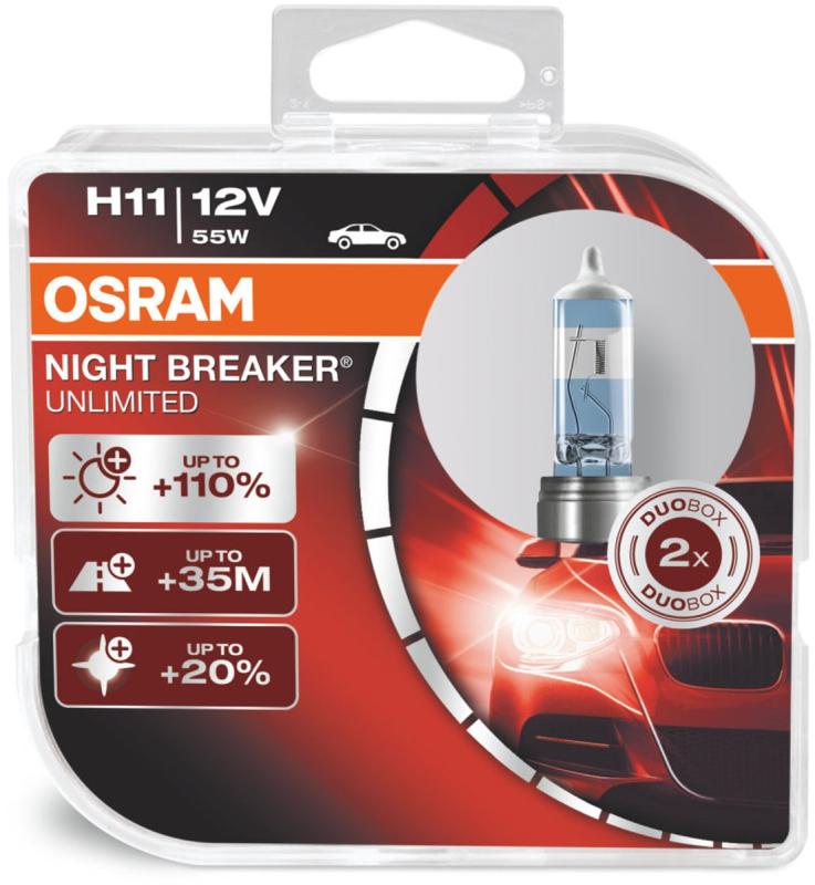 Osram Night Breaker Unlimited H11 pærer +110% mere lys (2 stk) pakke thumbnail