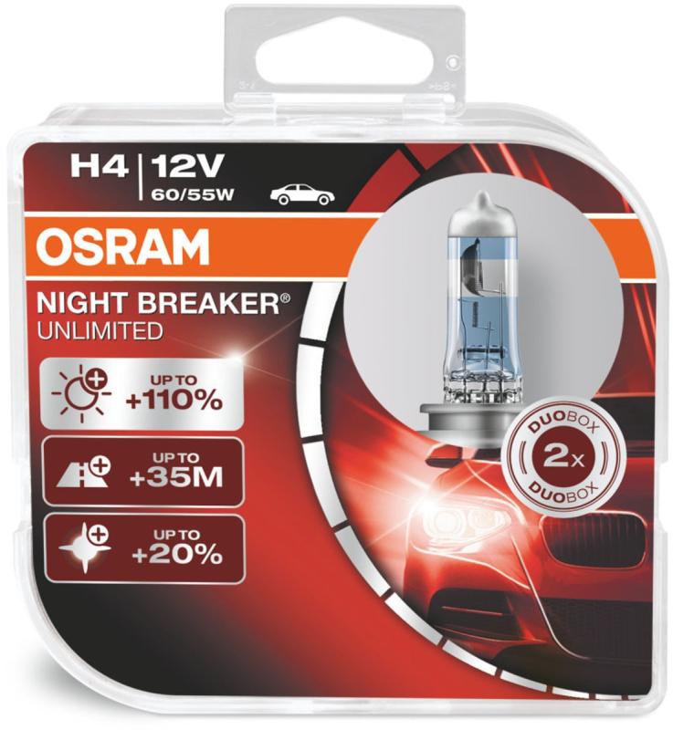 Osram Night Breaker Unlimited H4 pærer +110% mere lys (2 stk) pakke thumbnail