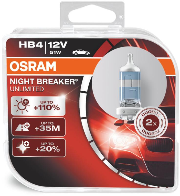 Osram Night Breaker Unlimited HB4 pærer +110% mere lys (2 stk) pakke thumbnail